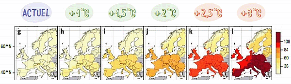 Titre Projection climatique : Évolution de la durée des sécheresses agronomiques en Europe (en mois/30 ans) © GIEC Titre Projection climatique : Évolution de la durée des sécheresses agronomiques en Europe (en mois/30 ans) © GIEC